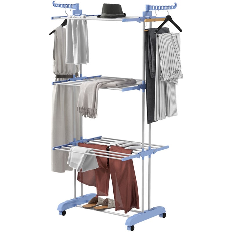 foto del prodotto stendino a torre a 4 livelli con 4 ruote girevoli bianco e argento - homcom