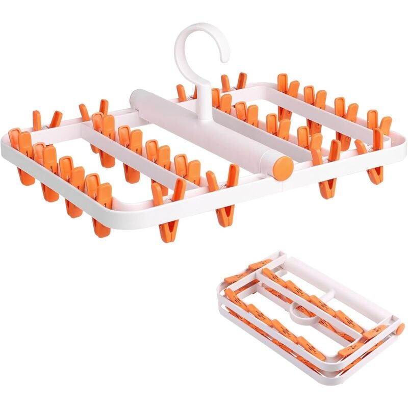 foto del prodotto stendino per calzini, gruccia in plastica con 24 clip, stendibiancheria pieghevole con ganci antivento, adatto per piccoli indumenti come vestiti per