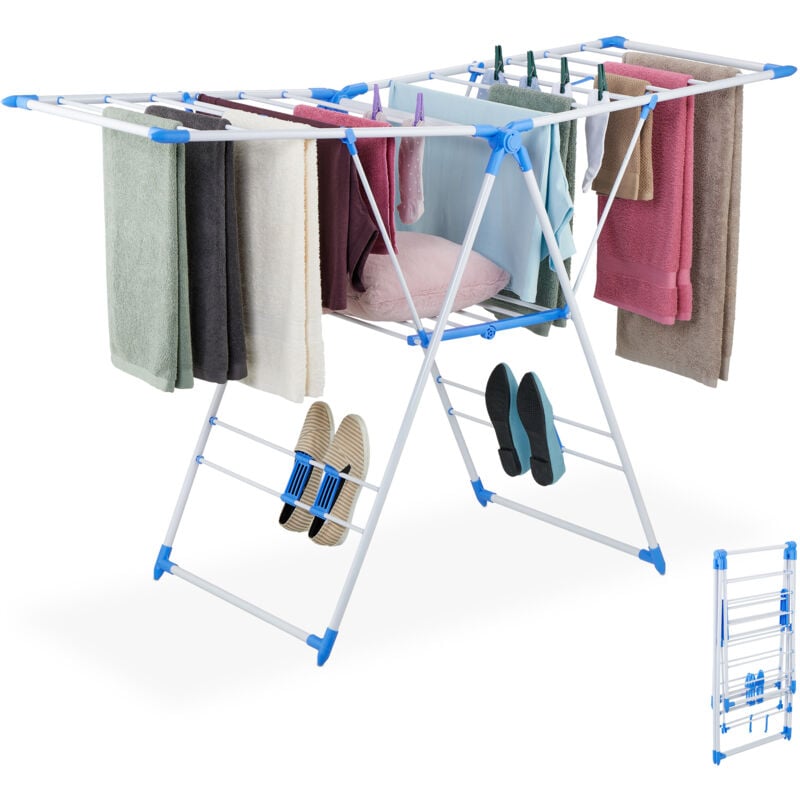 foto del prodotto stendino pieghevole con ali, stendibiancheria con 2 livelli hlp 99x155x61 cm, ferro e plastica, grigio blu relaxdays