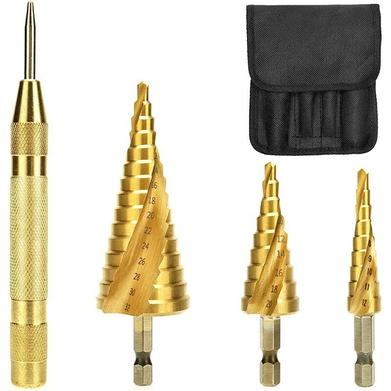 foto del prodotto step drill bits, titanium triangular taper bits for metal, steel, wood, brass, 4 12 4 20 4 32 mm 4 pieces