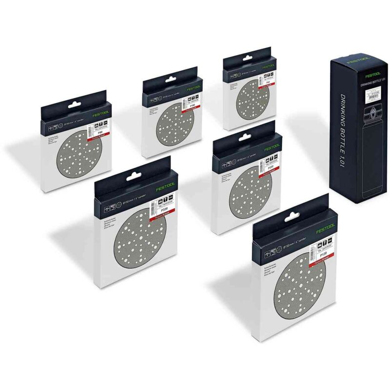 foto del prodotto stf d150 48 gr set p kit dischi abrasivi granat 150 mm 60 pz. con borraccia festool