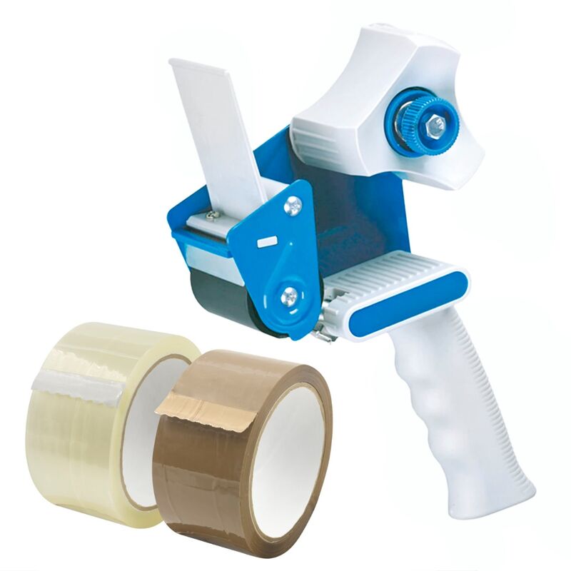foto del prodotto sti tendinastro dispencer manuale di nastro adesivo da imballaggio kit con 1 rotolo marrone e 1 rotolo trasparente con frizione regolabile