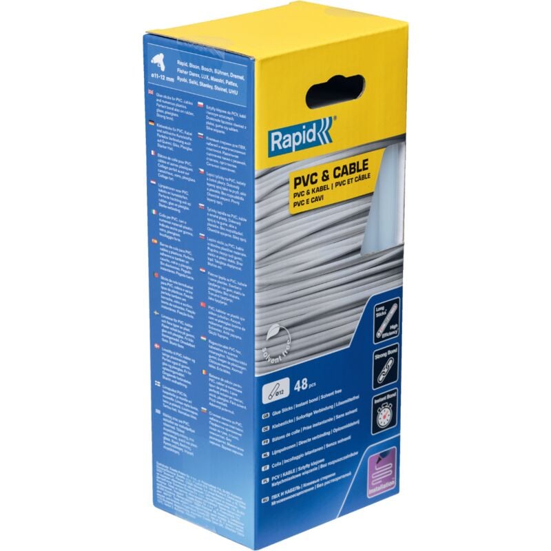 foto del prodotto stick di colla da 12 mm pvc e cavo 12 x 190 mm, 48 pezzi, 880 g, confezionati in scatola rapid