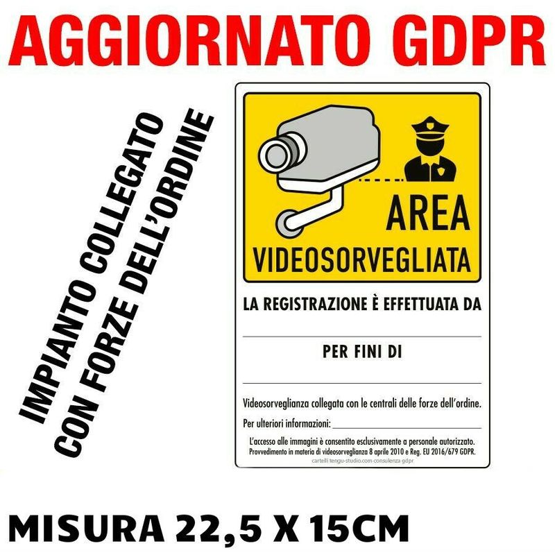foto del prodotto stickerslab n 2 cartelli adesivi area videosorvegliata aggiornato gdpr ue 2016 679 misura 22,5cm x 15cm, modello modello forze dell ordine