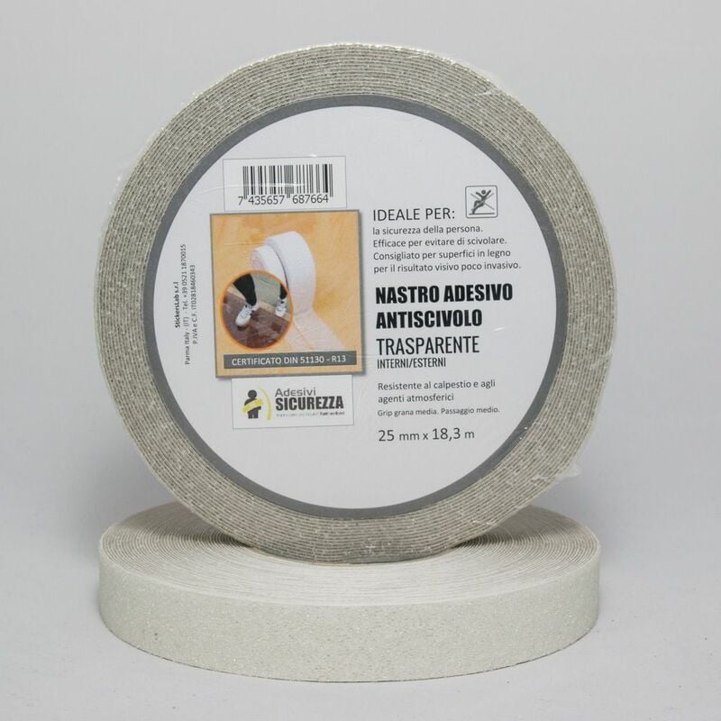 foto del prodotto stickerslab nastro antiscivolo adesivo certificato trasparente in varie misure packaging 25 mm x 18,3 mt 1 rotolo 