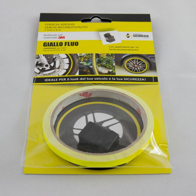 foto del prodotto stickerslab pack strisce adesive per cerchi auto moto bici fluorescenti materiale 3m packaging 6 pack strisce fluo gialle
