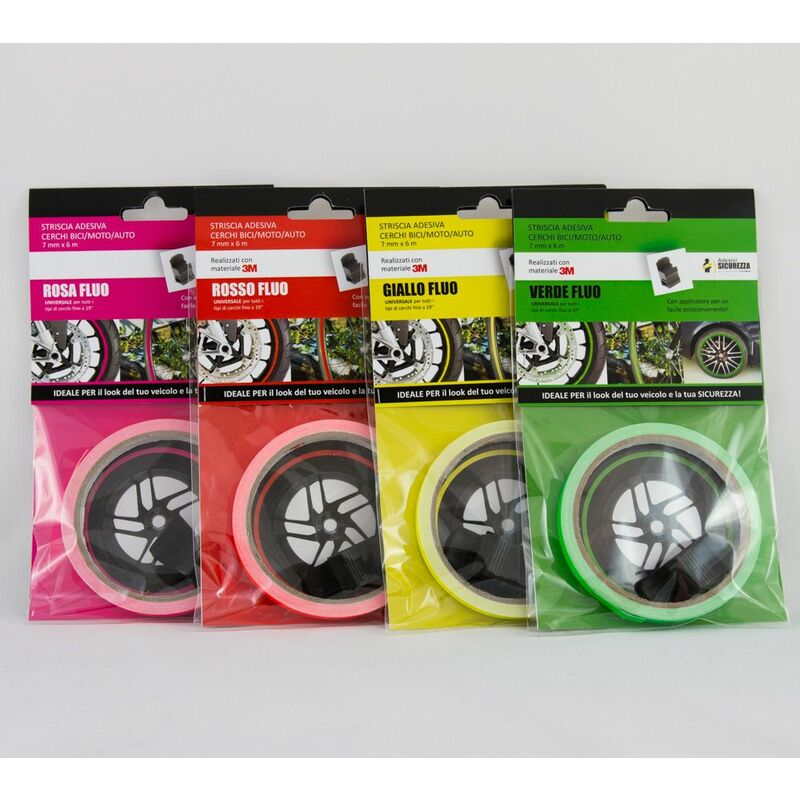 foto del prodotto stickerslab pack strisce adesive per cerchi auto moto bici fluorescenti materiale 3m packaging 6 pack strisce fluo verdi