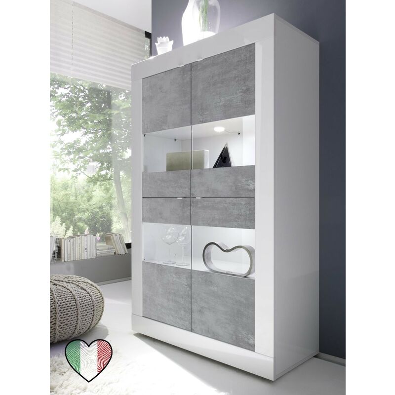 foto del prodotto stilprojectstore casa e ufficio credenza vetrina 4 ante bianco lucido cemento con inserti in vetro basic