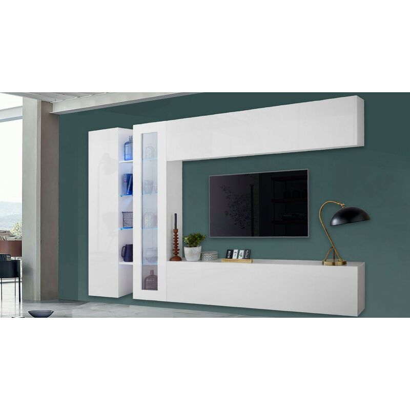foto del prodotto stilprojectstore casa e ufficio parete soggiorno moderno, composizione bianco lucido con vetrina da cm 280 maruska