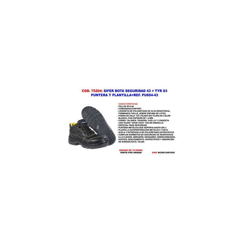 foto del prodotto stivali antinfortunistici sifer safety 43 tyr s3 con puntale e sottopiede in pu 604 43