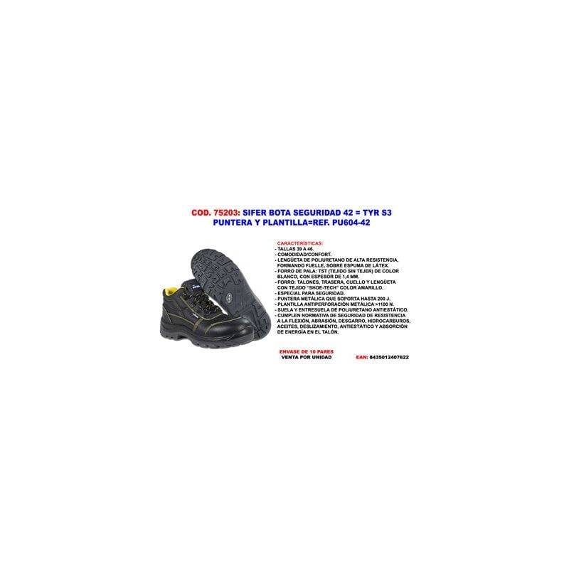 foto del prodotto stivali antinfortunistici sifer safety boot security 42 tyr s3 con puntale e sottopiede in pu 604 42