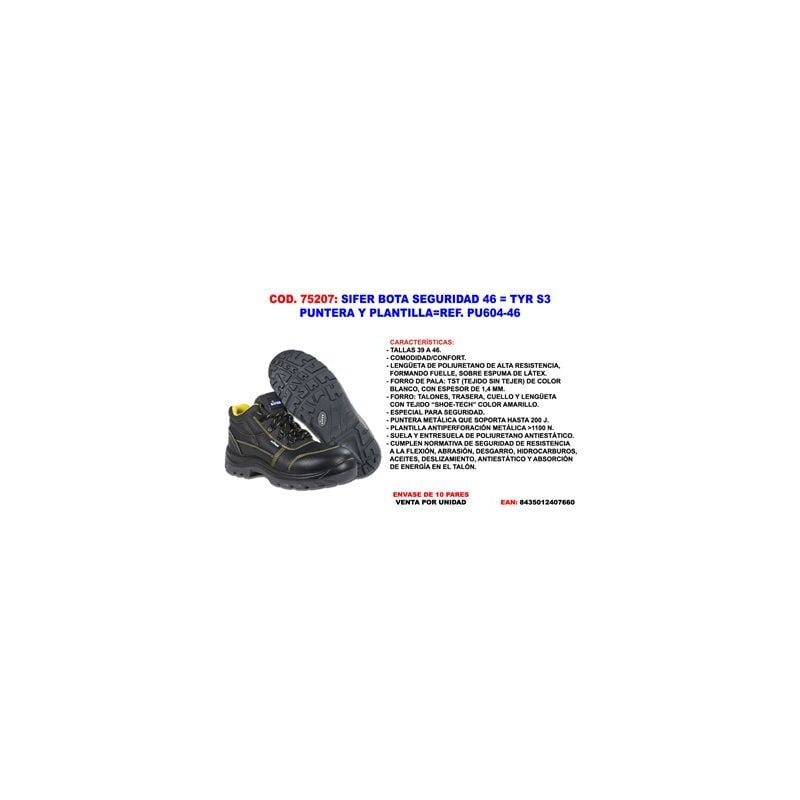 foto del prodotto stivali antinfortunistici sifer safety bota seguridad 46 tyr s3 con puntale e sottopiede in pu 604 46