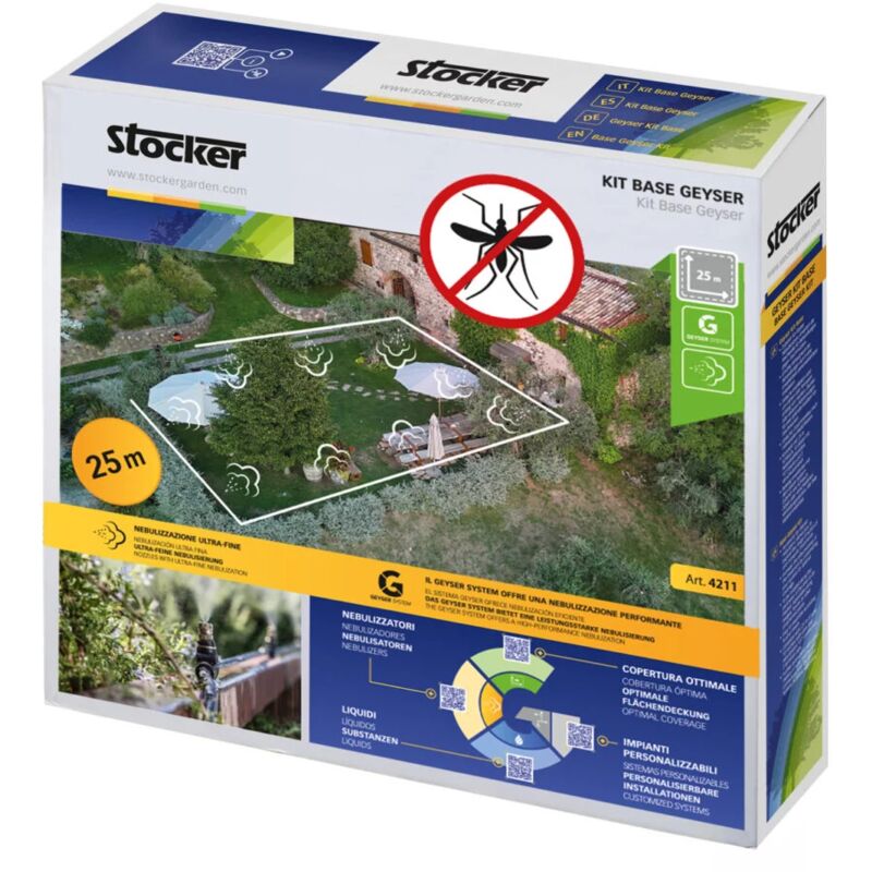 foto del prodotto stocker kit antizanzare giardino base per geyser nebulizzatore 25 m di tubo, 10 ugelli, 10 raccordi a t, 3 tappi di chiusura e 5 fermatubo