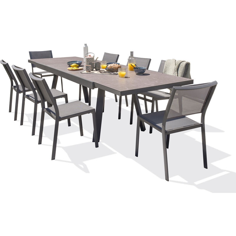 foto del prodotto stockholm - tavolo e sedie da giardino 8 posti con tavola di vetro in ceramica - dcb garden