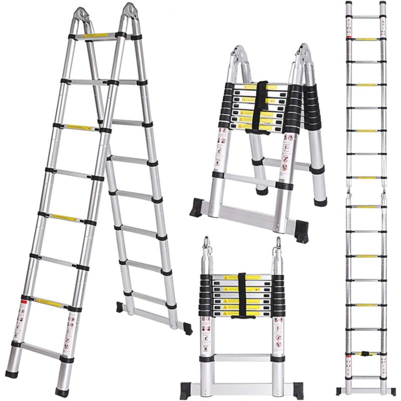 foto del prodotto stoex scala telescopica portatile e pieghevole scala pieghevole in alluminio nero, carico 150 kg 4.4 m 2.2 m 2.2 m 
