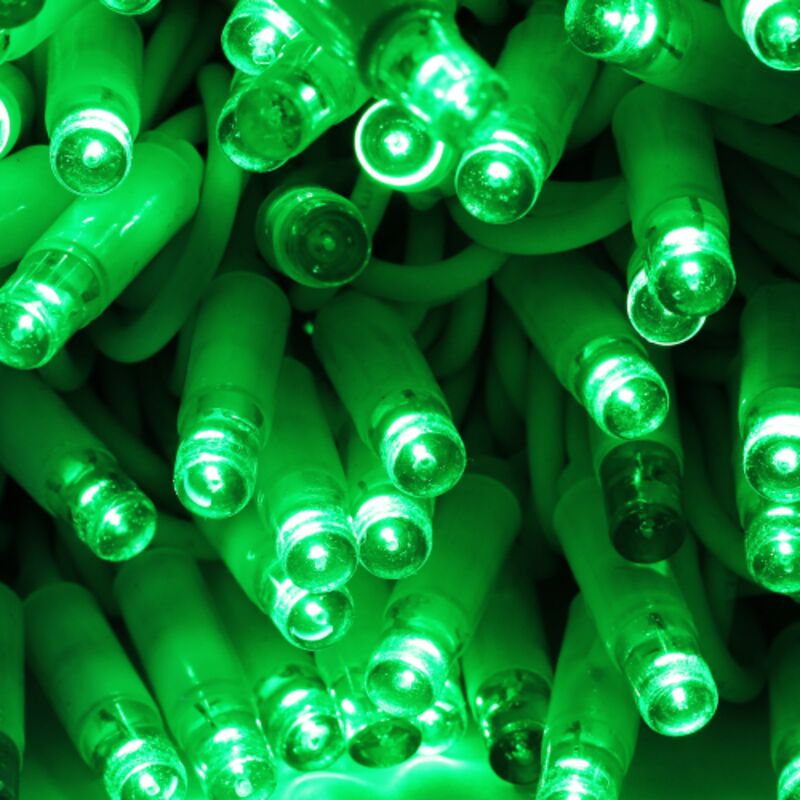 foto del prodotto stringa catena 10 metri serie 100 luci di natale a maxi led verde con flash bianco ghiaccio ad intermittenza per uso esterno ed interno professionale