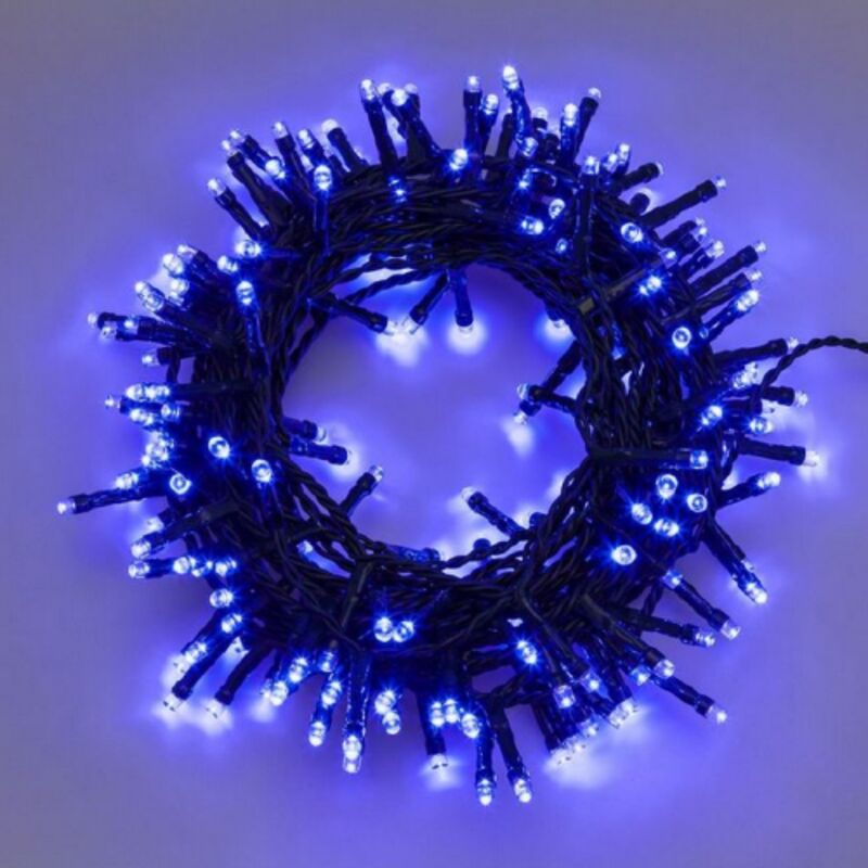 foto del prodotto stringa catena 12,8 mt serie 320 luci di natale a led 5 mm reflex blu con 8 giochi di luce e memoria cavo verde per esterno interno blu 12,8 metri