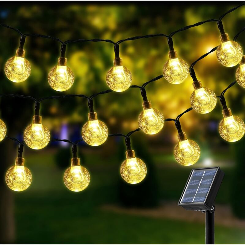 foto del prodotto stringa di luci solari, 100 led 12m luci a sfera di cristallo bianche calde, luci solari impermeabili a 8 modalit , per decorazioni esterne,