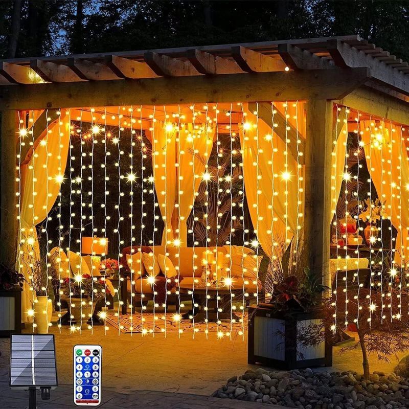 foto del prodotto stringa di luci solari luci per tende solari aggiornate telecomando bianco caldo, luci da giardino esterne 300 led 8 modalit telecomando cascata