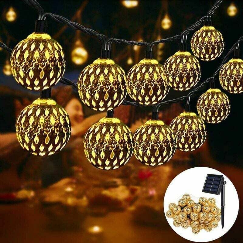 foto del prodotto stringa di luci solari marocchine per esterni confezione da 2 luci a stringa led da 7 m con 50 lampadine, 8 modalit di illuminazione impermeabili,