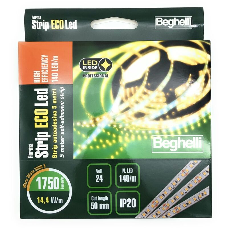foto del prodotto strip ecoled he autoadesiva 5 metri alta efficienza 140 led m 14.4w m 24v 3000k