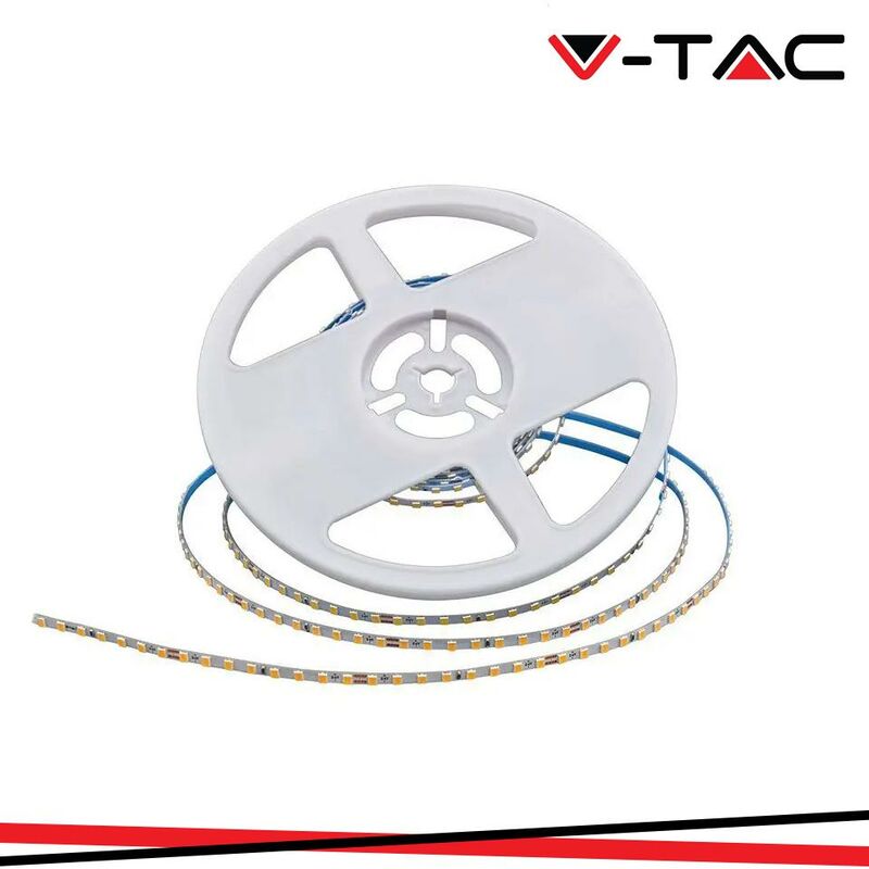 foto del prodotto strip led 24v, bianco freddo 6400k, 5 metri, smd2835, 9w m, 128 led m, ip20, larghezza 4mm v tac vt 2835 2908