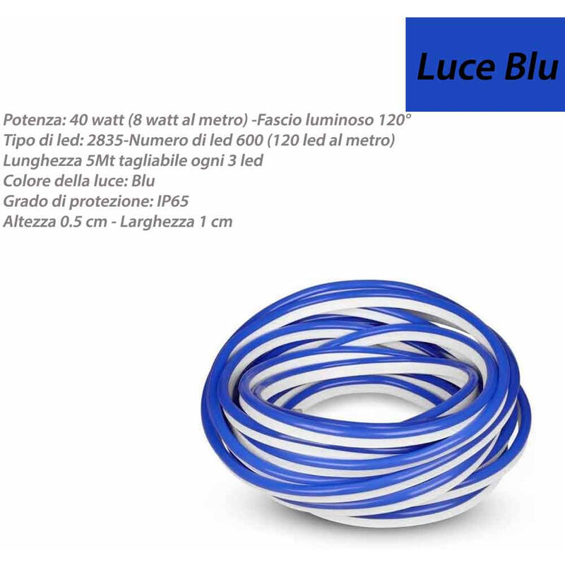foto del prodotto strip led neon flex striscia curvabile modellabile 600 led decorativa 5 metri luce blu ip65 waterproof