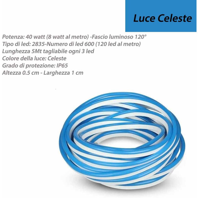 foto del prodotto strip led neon flex striscia curvabile modellabile 600 led decorativa 5 metri luce celeste ip65 waterproof