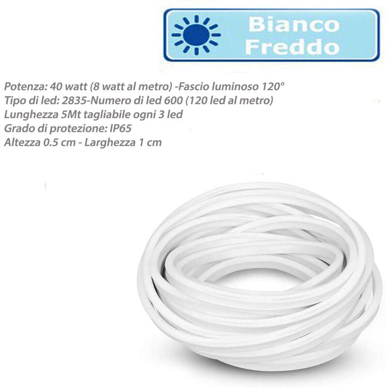 foto del prodotto strip led neon flex striscia curvabile modellabile 600 led decorativa 5 metri luce fredda 6500k ip65 waterproof