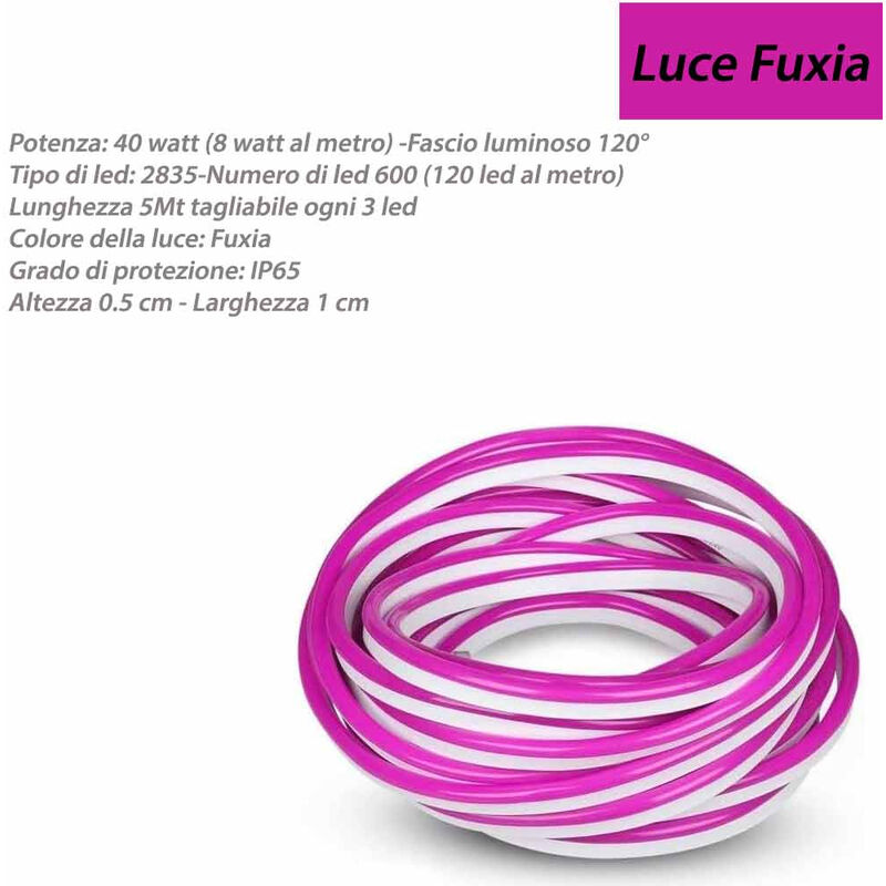 foto del prodotto strip led neon flex striscia curvabile modellabile 600 led decorativa 5 metri luce fucsia ip65 waterproof