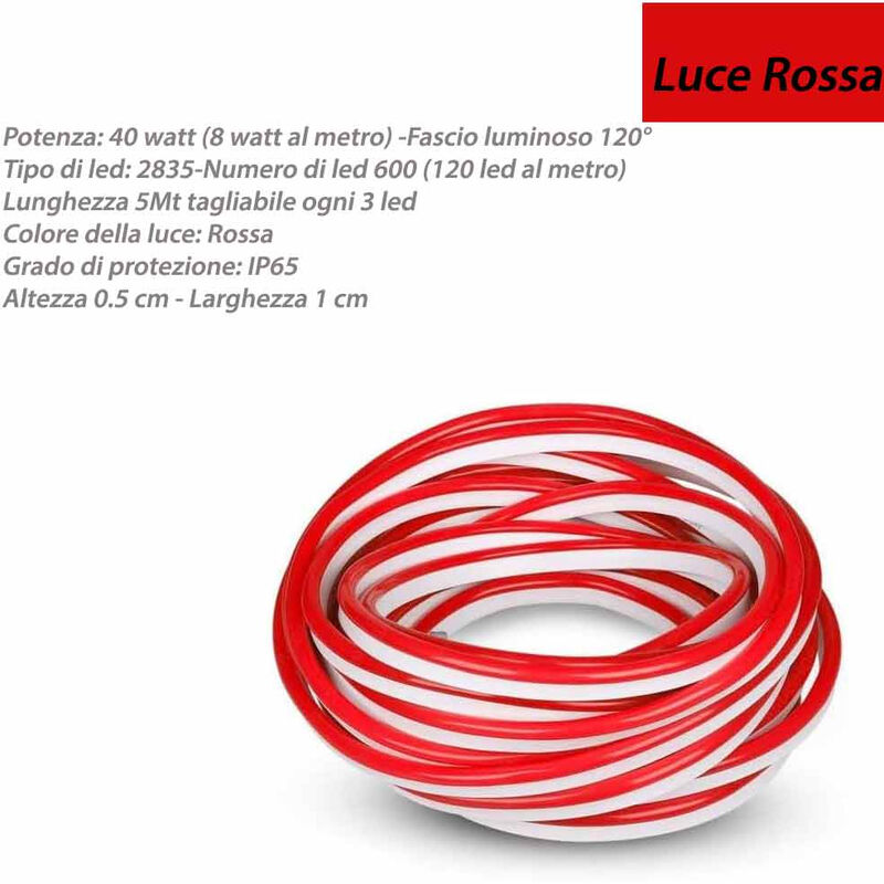 foto del prodotto strip led neon flex striscia curvabile modellabile 600 led decorativa 5 metri luce rossa ip65 waterproof