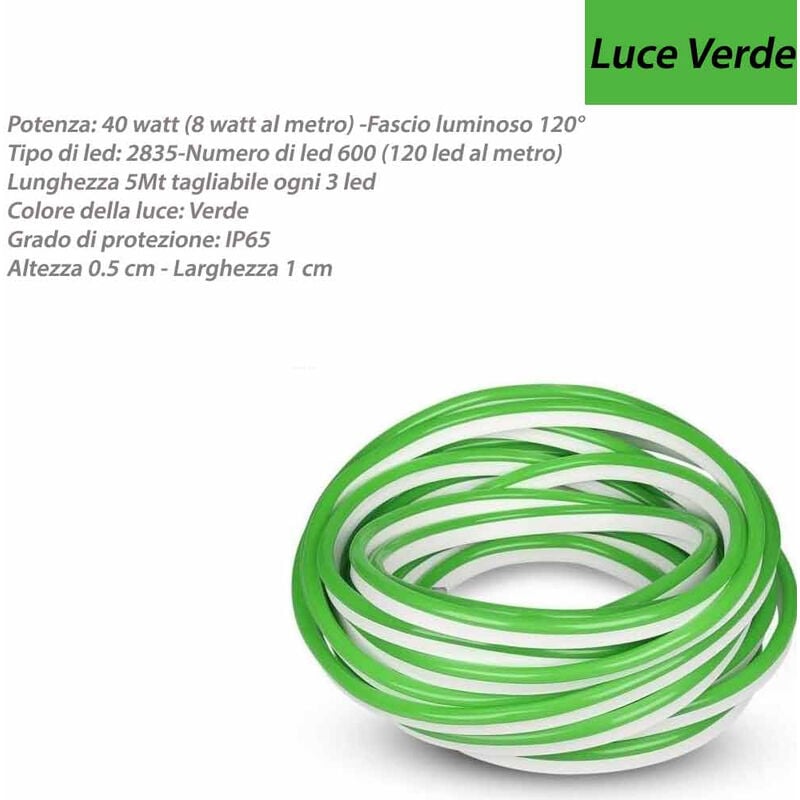 foto del prodotto strip led neon flex striscia curvabile modellabile 600 led decorativa 5 metri luce verde ip65 waterproof