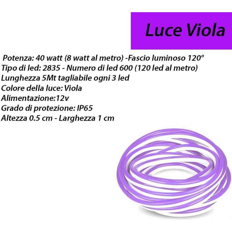 foto del prodotto strip led neon flex striscia curvabile modellabile 600 led decorativa 5 metri luce viola ip65 waterproof