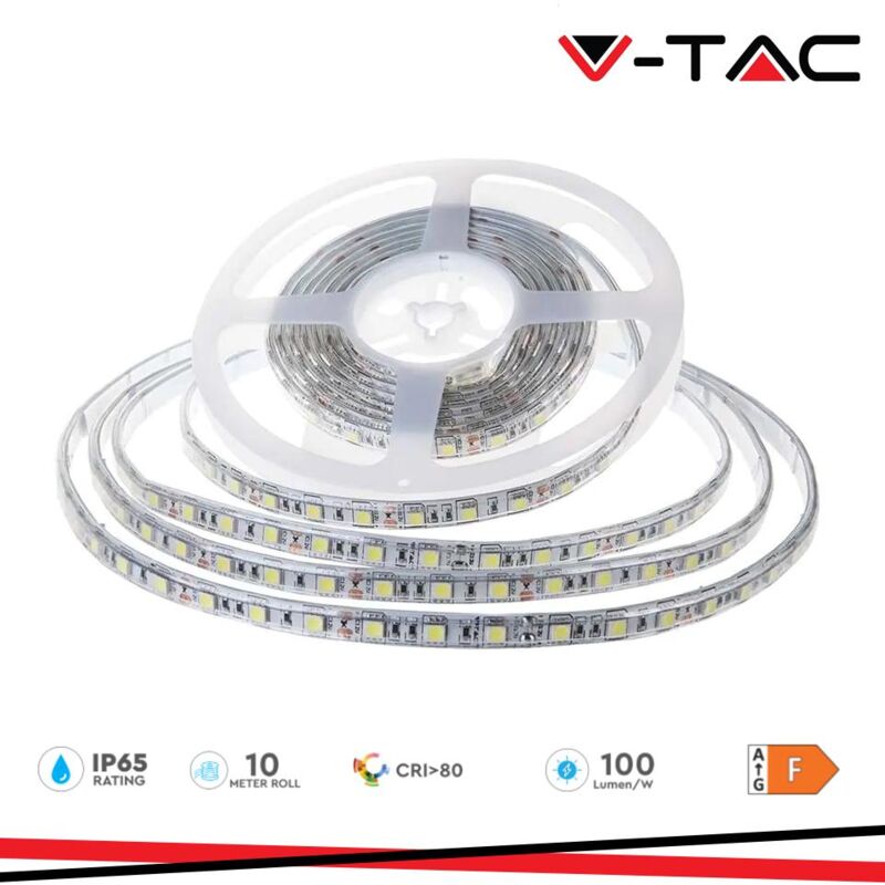 foto del prodotto strip led smd2835 7,5w m 10m 120 led m bianco freddo 24v ip65 10mm v tac