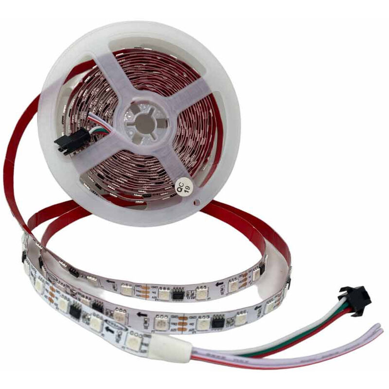 foto del prodotto strip striscia indirizzabile rgb 300 led 5050 48 watt 12v bobina da 5 mt con telecomando regolatore vari effetti