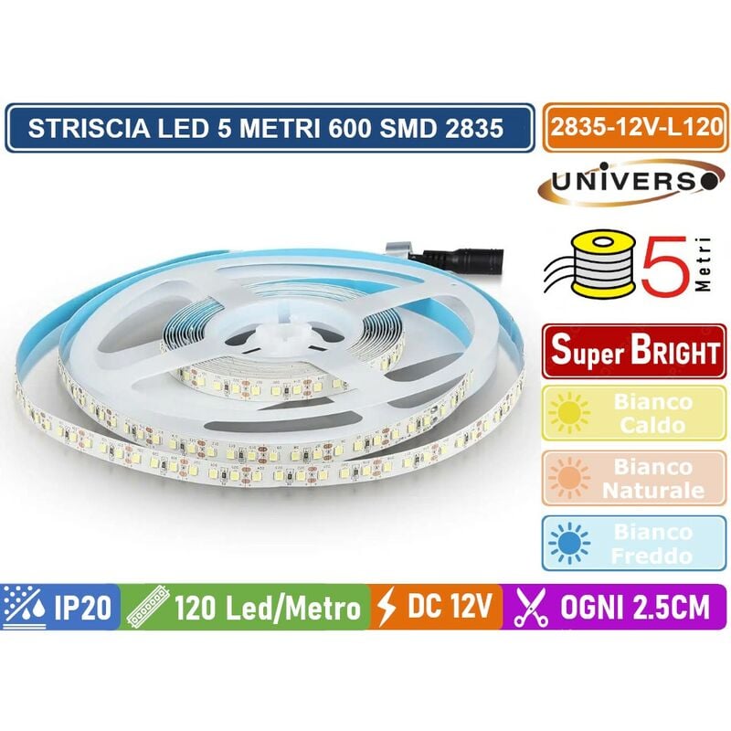 foto del prodotto strip striscia led monocolore 5 metri smd 2835 120 led metro ip20 divisibile ogni 2.5cm colore luce bianco freddo