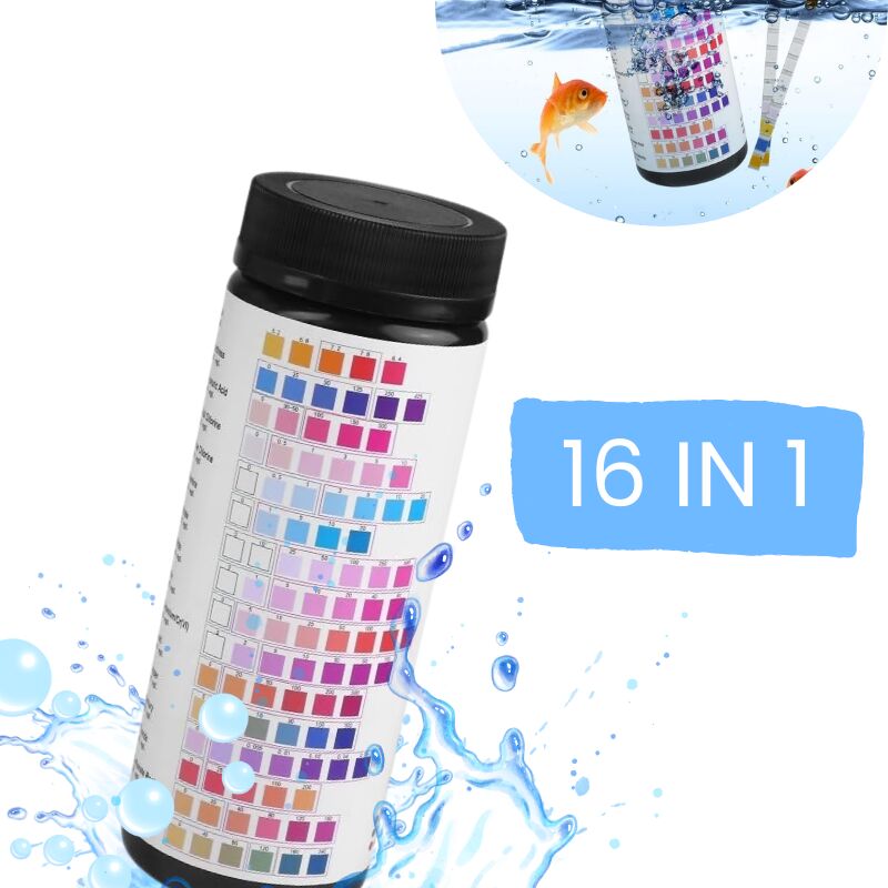 foto del prodotto strisce reattive per acquari 16 in 1, kit di test per la qualità dell'acqua da 100 punti per acqua dolce e salata, 16 elementi inclusi ph,