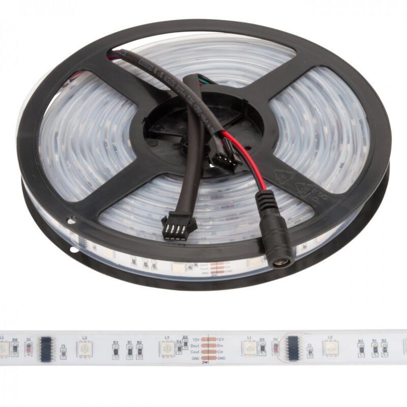 foto del prodotto striscia da 150 led 36w 4200 k smd5050 12vdc digitale rgb x5m 40.000h gr ldt w30digrgb ip67 rgb