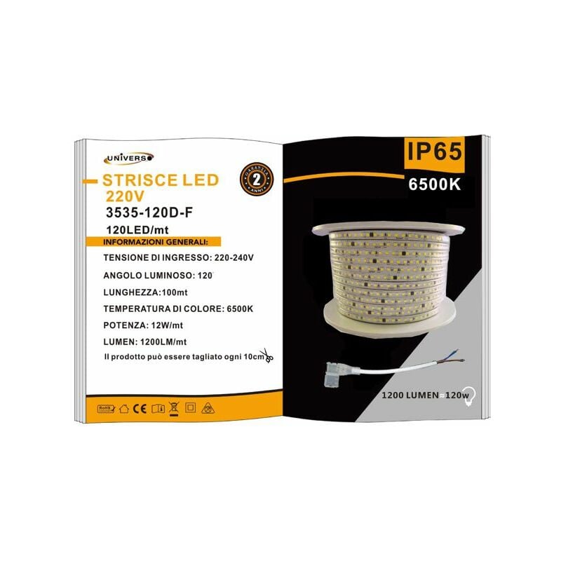 foto del prodotto striscia led 12w 220v 120 led mt luce calda 30000k 3535 120d