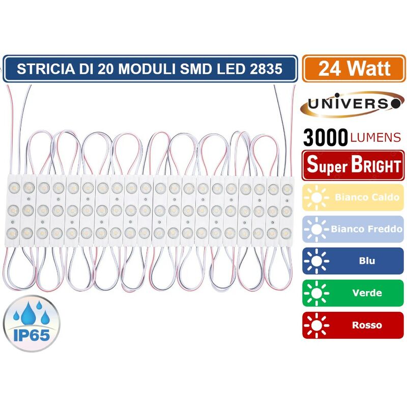 foto del prodotto striscia led 20 moduli indipendenti 24w smd 2835 dc 12v impermeabile ip65 colore luce rosso universo
