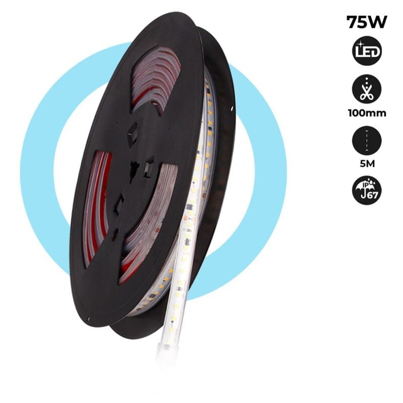 foto del prodotto striscia led 220v 75w 600xsmd2835 12mm ip67 rotolo 5 metri bianco freddo