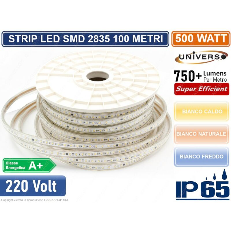 foto del prodotto striscia led 3528 impermeabile ip65 220v monocolore 120 led metro bobina da 100 metri colore luce bianco naturale