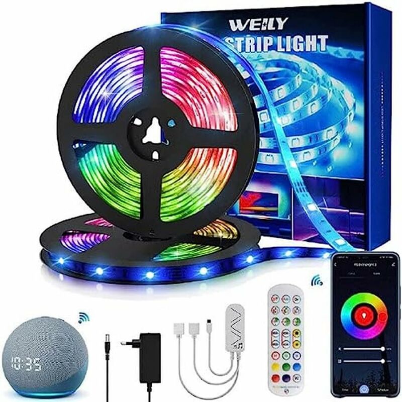 foto del prodotto striscia led alexa, weily 15m wifi rgb led strip compatibile con alexa, wifi colori multipli 12v con telecomando 2 volumi 7,5m 