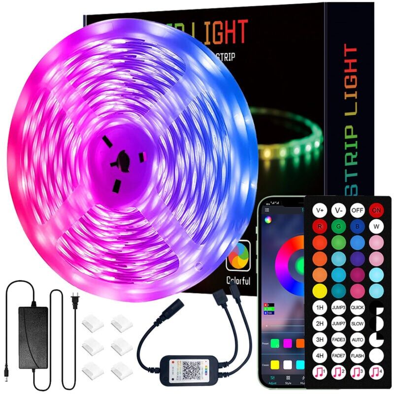foto del prodotto striscia led bluetooth da 15 m, striscia led rgb 5050, controllata tramite app per smartphone e telecomando, sincronizzazione con ritmo