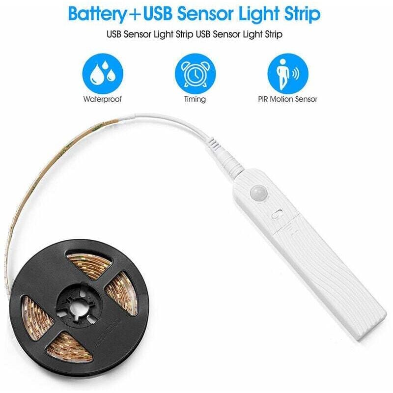 foto del prodotto striscia led da 2 m con sensore di movimento, striscia led dimmerabile a batteria da 120 led, luce led, striscia led autoadesiva, striscia luminosa