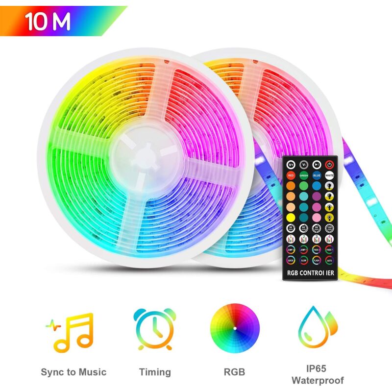 foto del prodotto striscia led impermeabile da 10 m, striscia led rgb5050 12 v, multicolore con funzione musicale temporizzata, telecomando a infrarossi, striscia led