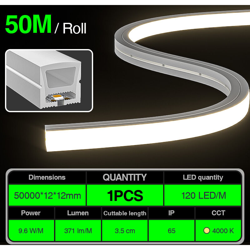 foto del prodotto striscia led neon flessibile,ip65 dc24v 120leds mt 9.6w m 4000k 371lm m 120 cri 90 garanzia 3anni l50000xw12xh12mm s0804 kosoom