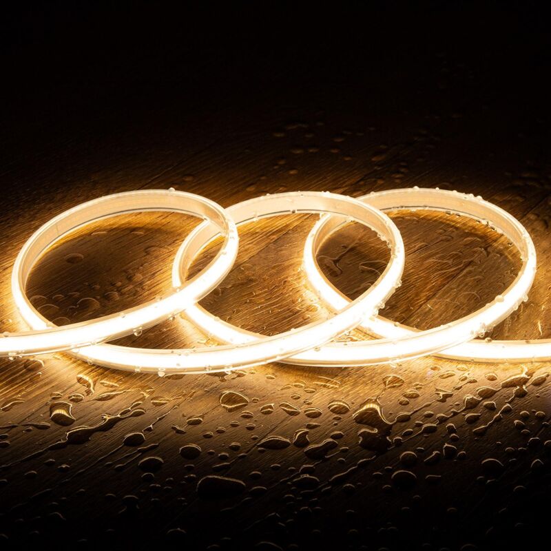 foto del prodotto striscia led regolabile 220v cob 320 led m bianco caldo 8w m 720lm m larga 12mm ip65 cri90 taglio 50cm 25 m