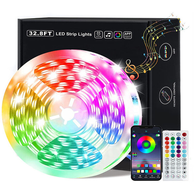 foto del prodotto striscia led rgb multicolore da 15 m con controllo tramite app, striscia led con telecomando a 44 tasti, funzione di sincronizzazione con ritmo