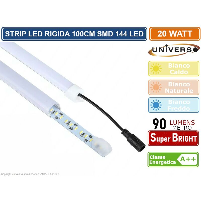 foto del prodotto striscia led rigida 20w smd 3014 monocolore 144 led con profilo in alluminio barra da 100 cm colore luce bianco freddo universo